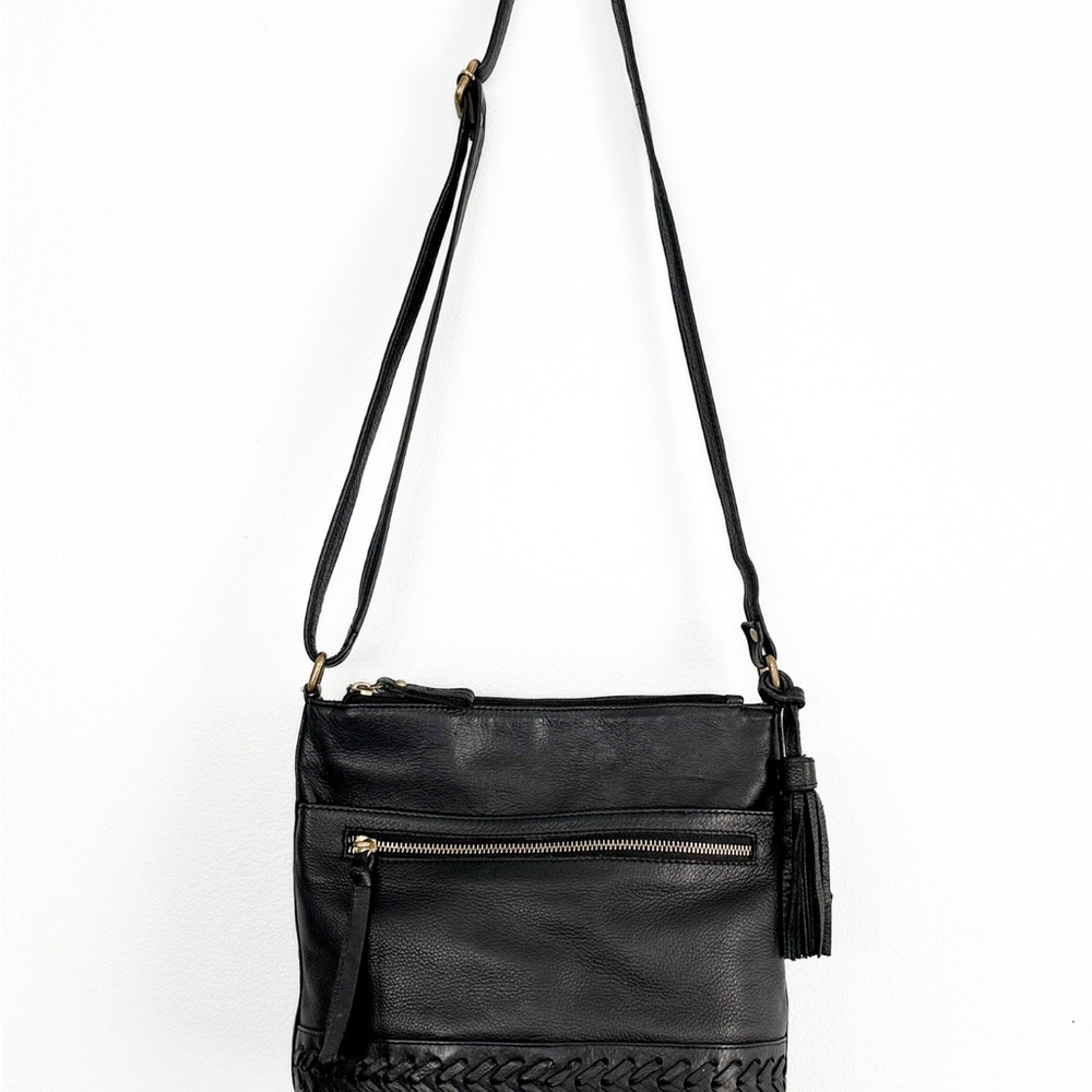 Great American Leather Black Leather Braided Bottom Multi Pocket Purse